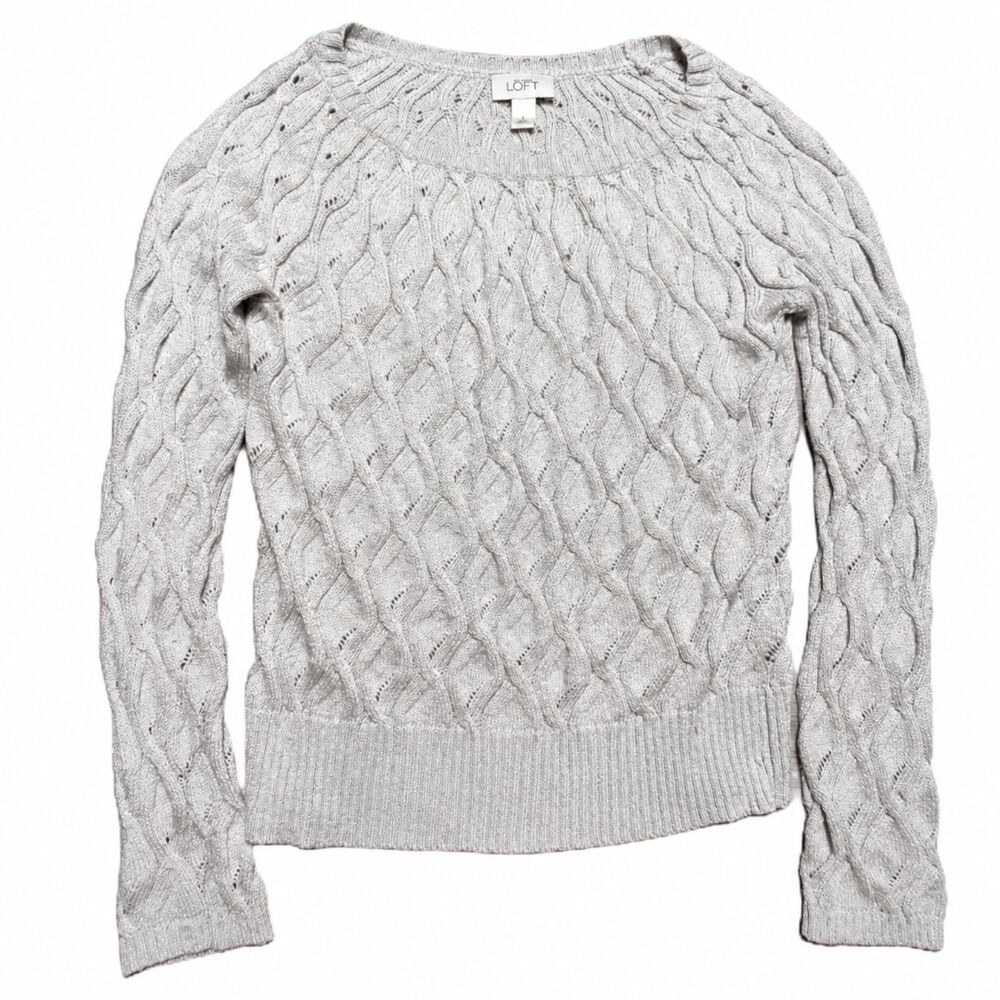 LOFT Womens Large Silver Metallic Cable Knit Openwork Crew Neck Pullover Sweater